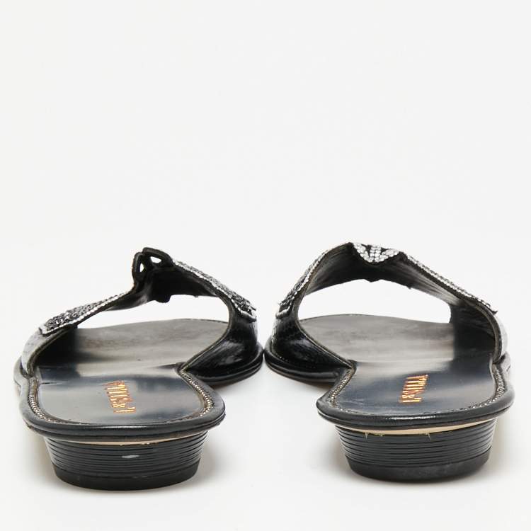 Pre Owned Le Silla Black Snakeskin Embossed and Leather Butterfly Embellished Slide Sandals Size 37