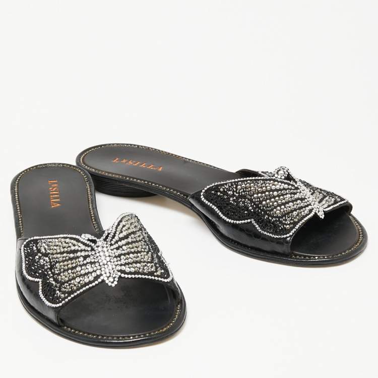 Pre Owned Le Silla Black Snakeskin Embossed and Leather Butterfly Embellished Slide Sandals Size 37