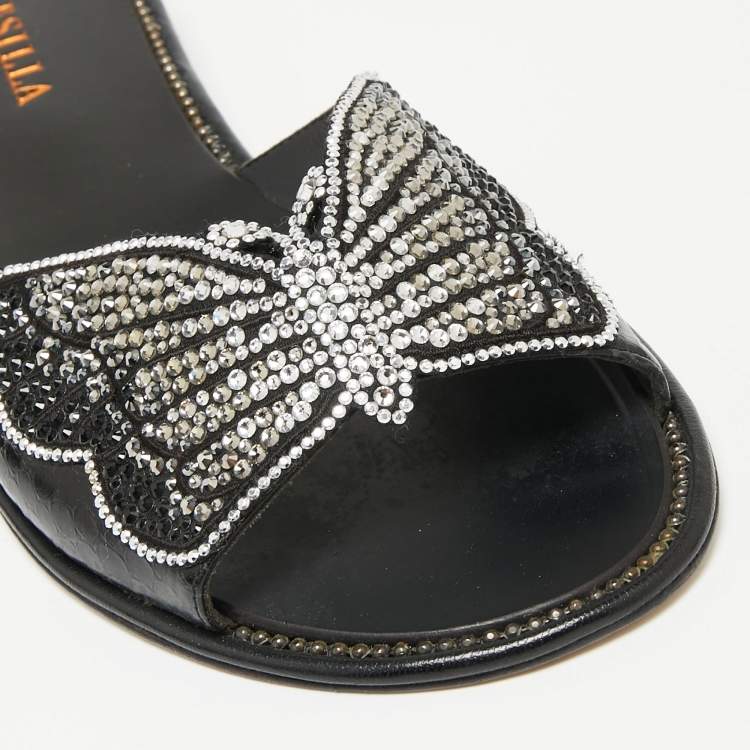 Pre Owned Le Silla Black Snakeskin Embossed and Leather Butterfly Embellished Slide Sandals Size 37