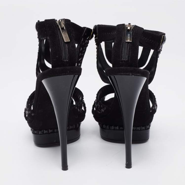 Pre Owned Le Silla Black Suede T Strap Embellished Platform Sandals Size 36.5