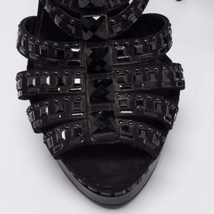 Pre Owned Le Silla Black Suede T Strap Embellished Platform Sandals Size 36.5
