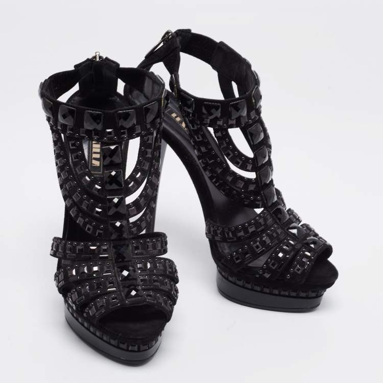 Pre Owned Le Silla Black Suede T Strap Embellished Platform Sandals Size 36.5