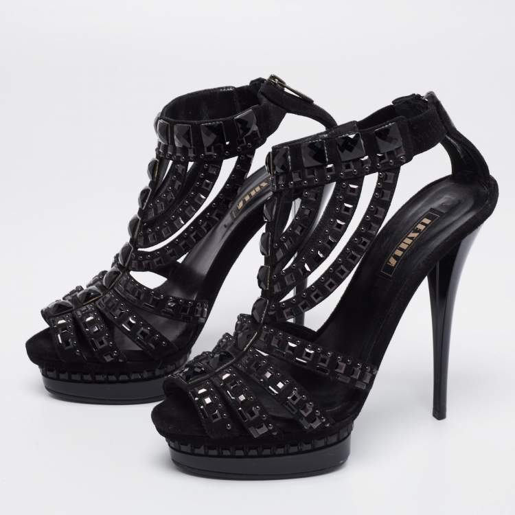 Pre Owned Le Silla Black Suede T Strap Embellished Platform Sandals Size 36.5