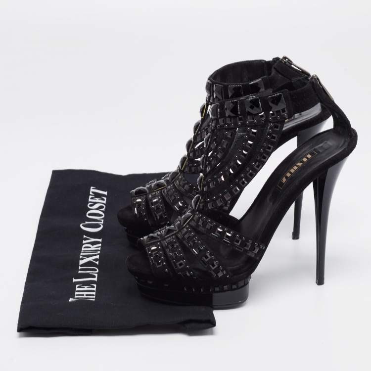 Pre Owned Le Silla Black Suede T Strap Embellished Platform Sandals Size 36.5