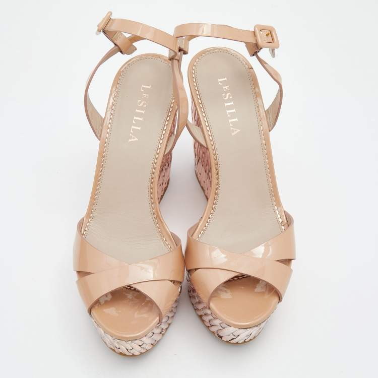 Pre Owned Le Silla Beige Leather Ankle Strap Platform Sandals Size 38.5