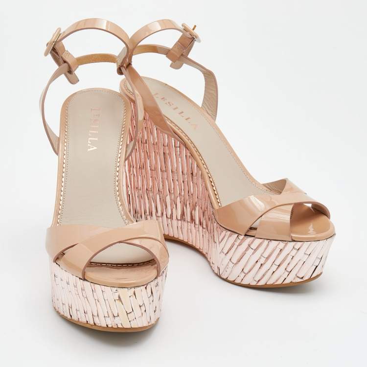 Pre Owned Le Silla Beige Leather Ankle Strap Platform Sandals Size 38.5