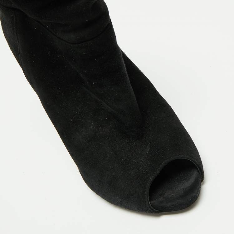 Pre Owned Le Silla Black Suede Peep-Toe Spiral Heel Ankle Boots Size 37.5