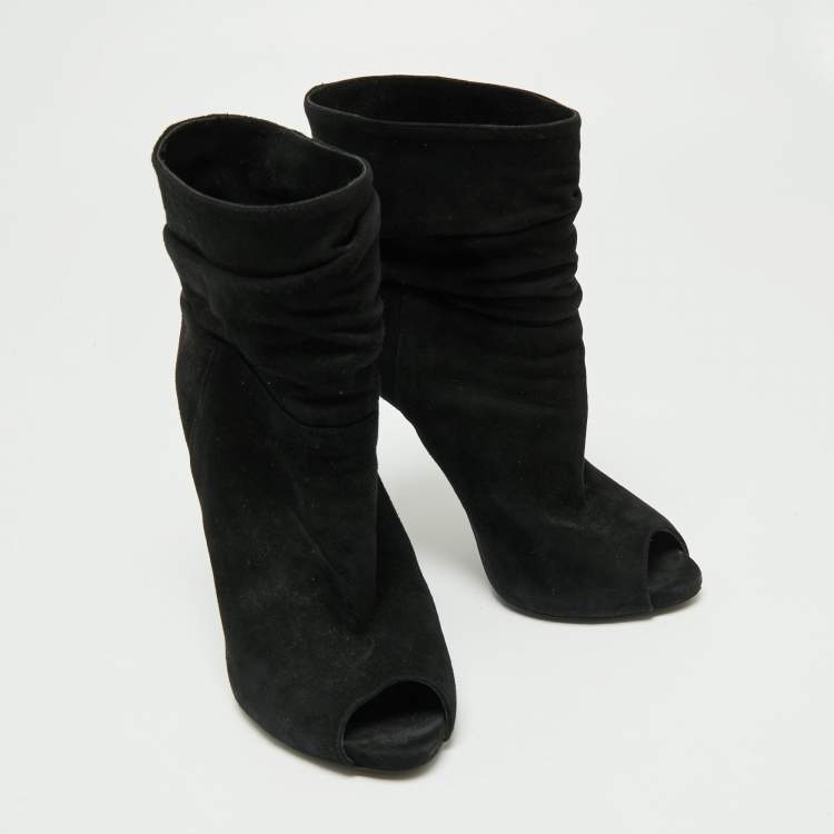 Pre Owned Le Silla Black Suede Peep-Toe Spiral Heel Ankle Boots Size 37.5