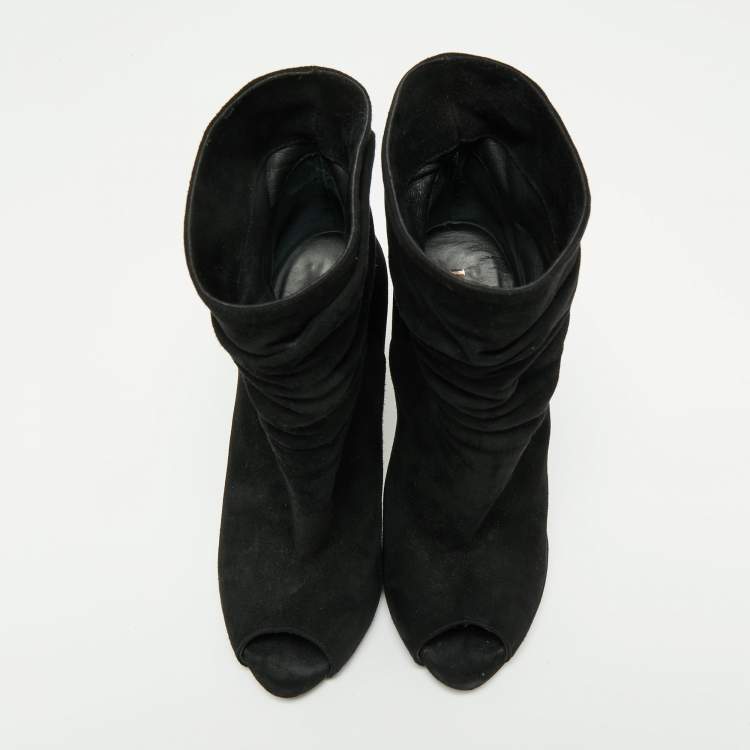 Pre Owned Le Silla Black Suede Peep-Toe Spiral Heel Ankle Boots Size 37.5