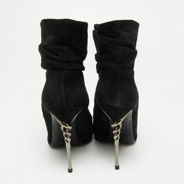 Pre Owned Le Silla Black Suede Peep-Toe Spiral Heel Ankle Boots Size 37.5