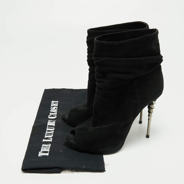 Pre Owned Le Silla Black Suede Peep-Toe Spiral Heel Ankle Boots Size 37.5