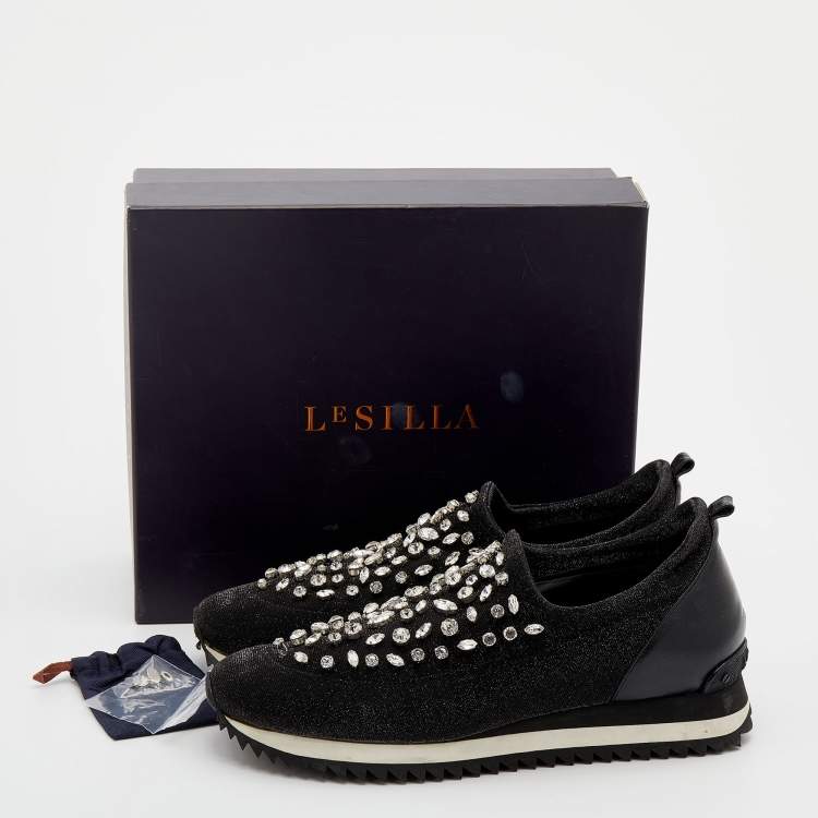 Pre Owned Le Silla Black Lurex Fabric And Leather Crystal Embellished Slip On Sneakers Size 40