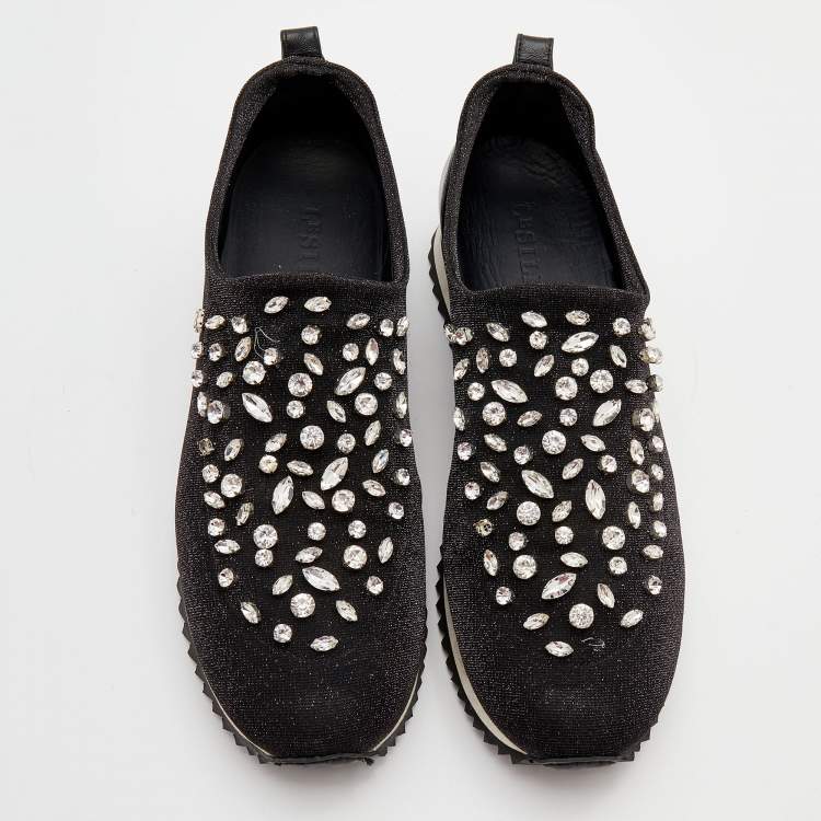 Pre Owned Le Silla Black Lurex Fabric And Leather Crystal Embellished Slip On Sneakers Size 40