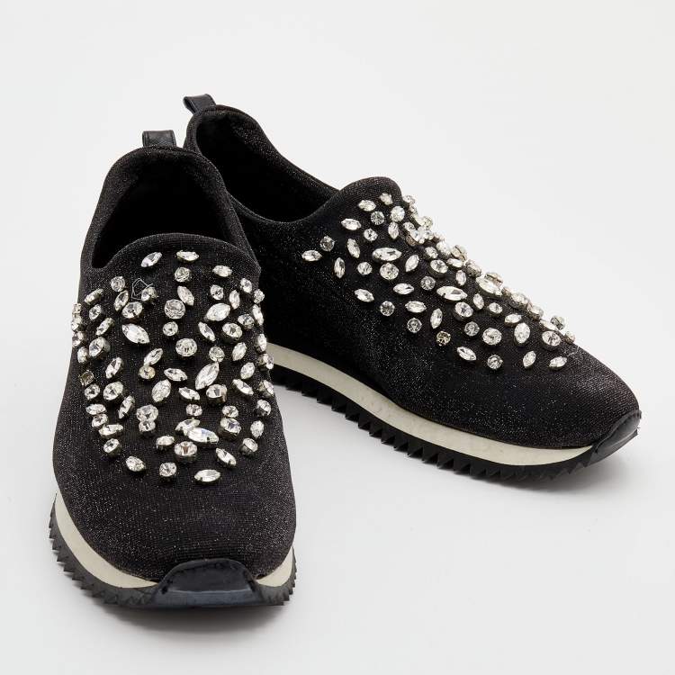 Pre Owned Le Silla Black Lurex Fabric And Leather Crystal Embellished Slip On Sneakers Size 40
