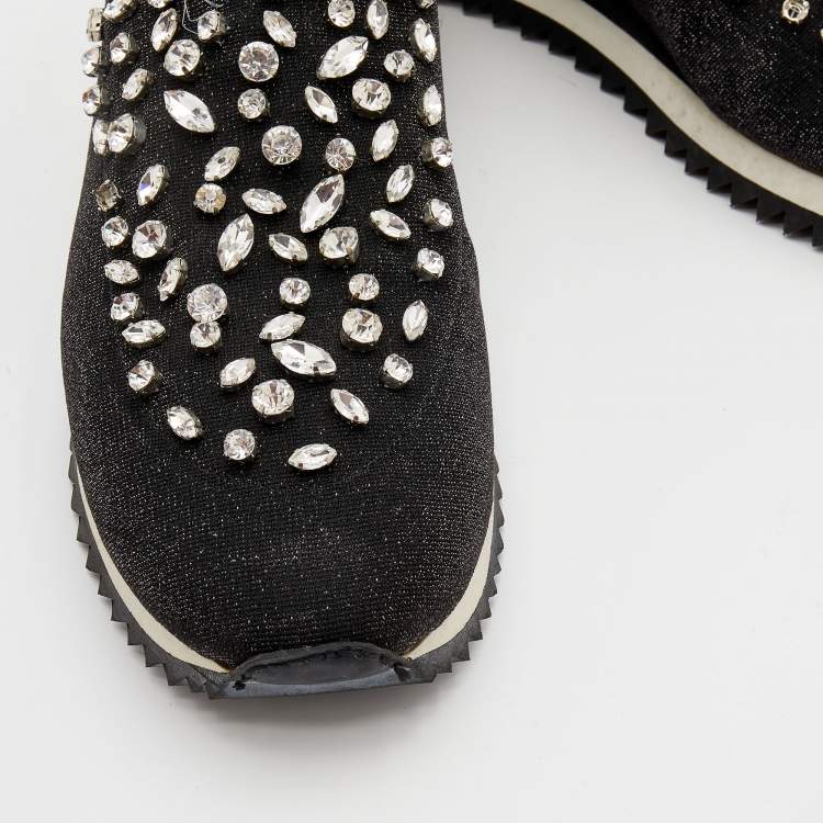 Pre Owned Le Silla Black Lurex Fabric And Leather Crystal Embellished Slip On Sneakers Size 40