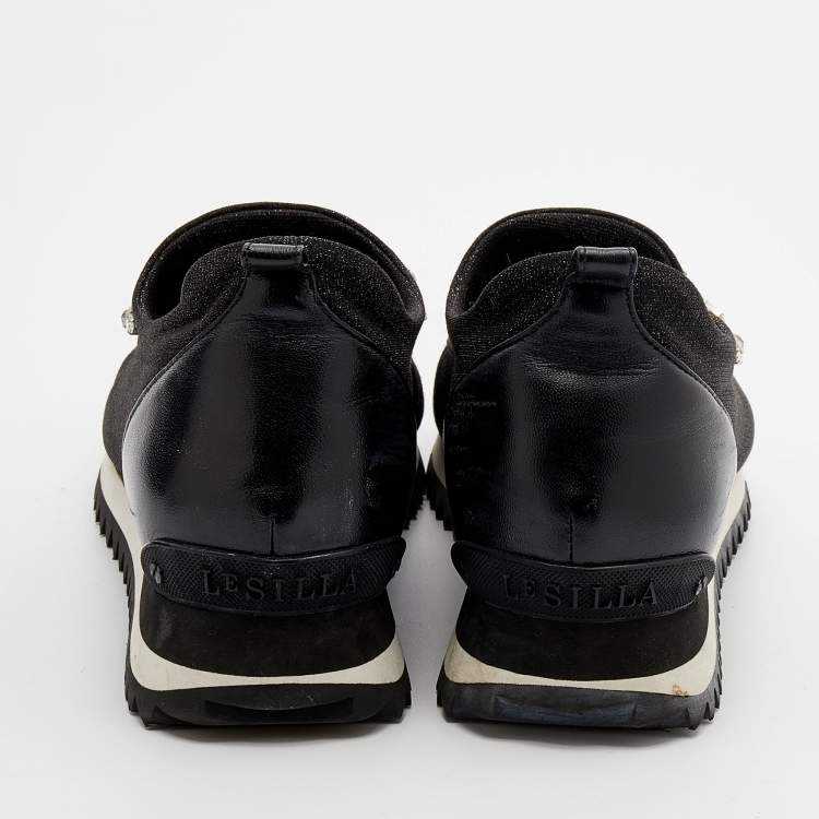 Pre Owned Le Silla Black Lurex Fabric And Leather Crystal Embellished Slip On Sneakers Size 40