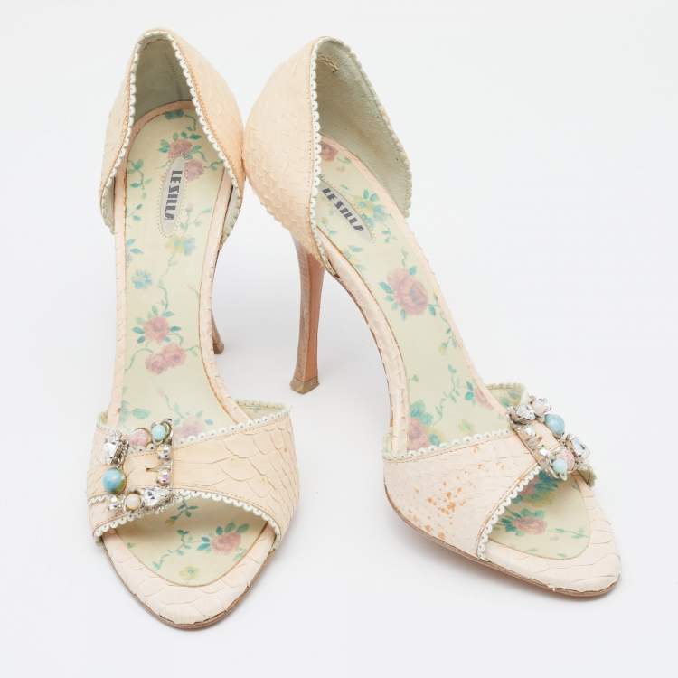 Pre Owned Le Silla Pale Pink Python Leather Embellished D'orsay Open Toe Pumps Size 39