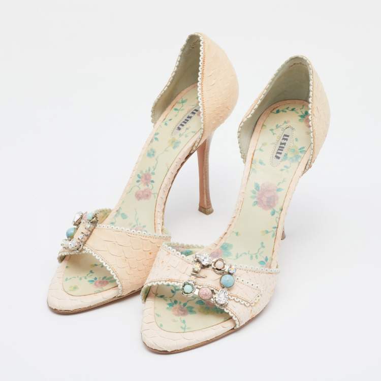 Pre Owned Le Silla Pale Pink Python Leather Embellished D'orsay Open Toe Pumps Size 39