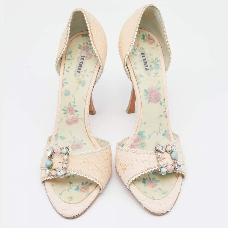 Pre Owned Le Silla Pale Pink Python Leather Embellished D'orsay Open Toe Pumps Size 39