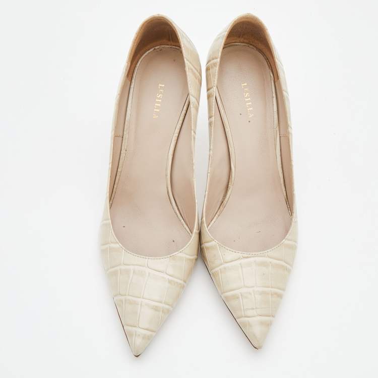 Pre Owned Le Silla Off-White Croc Embossed Leather Eva Pointed Toe Pumps Size 36