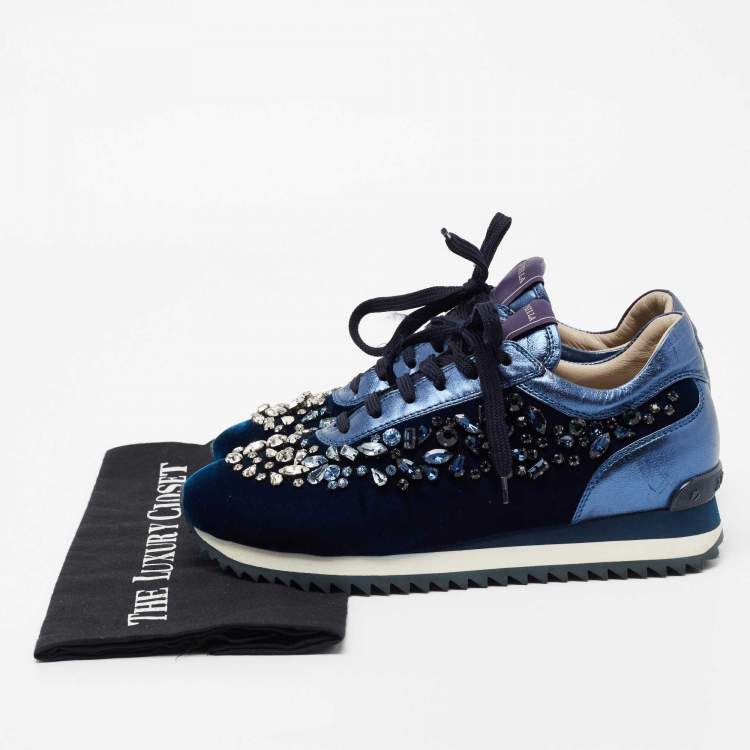 Pre Owned Le Silla Navy Blue Velvet and Leather Crystal Embellished Low Top Sneakers Size 38.5
