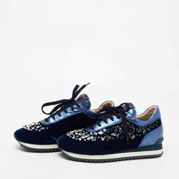 Pre Owned Le Silla Navy Blue Velvet and Leather Crystal Embellished Low Top Sneakers Size 38.5
