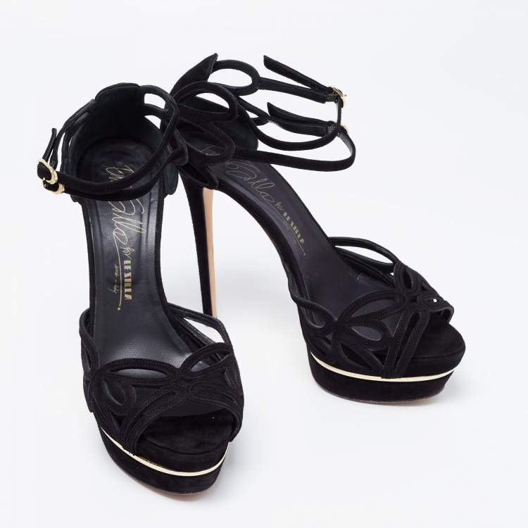Pre Owned Le Silla Black Cut-Out Suede Ankle Strap Platform Sandals Size 41