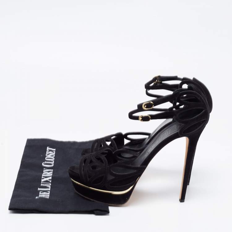 Pre Owned Le Silla Black Cut-Out Suede Ankle Strap Platform Sandals Size 41