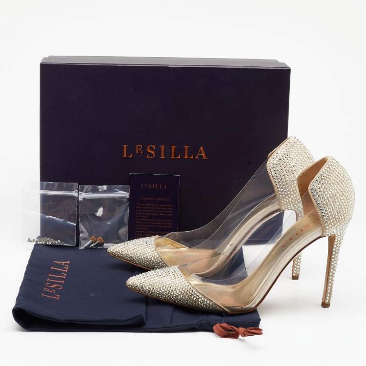 Pre Owned Le Silla Metallic Gold Suede And PVC Crystal Embellished Pumps Size 37