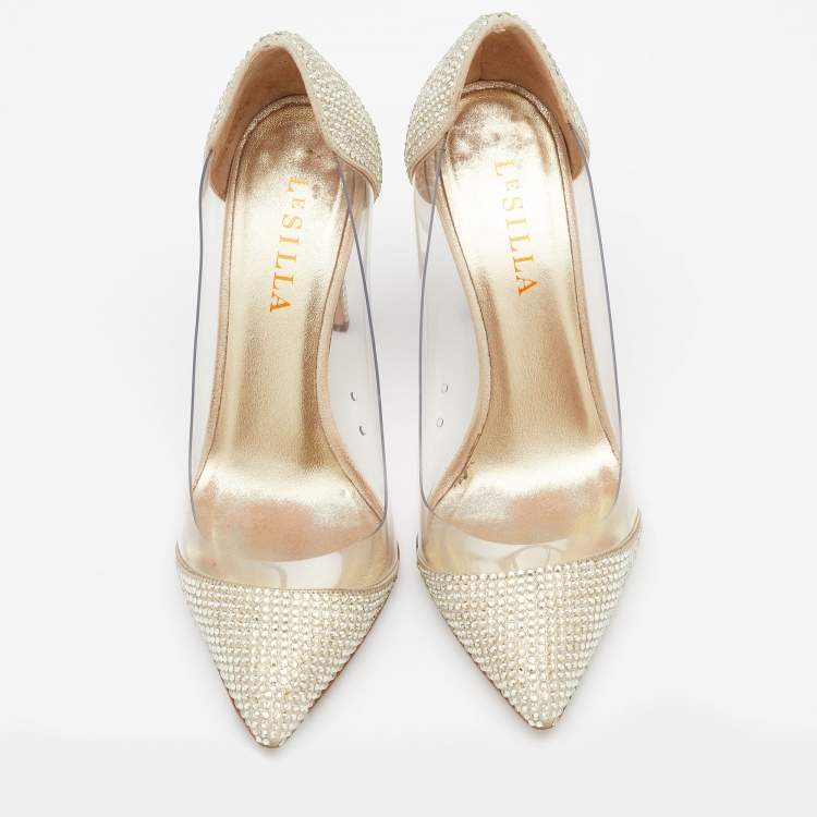 Pre Owned Le Silla Metallic Gold Suede And PVC Crystal Embellished Pumps Size 37