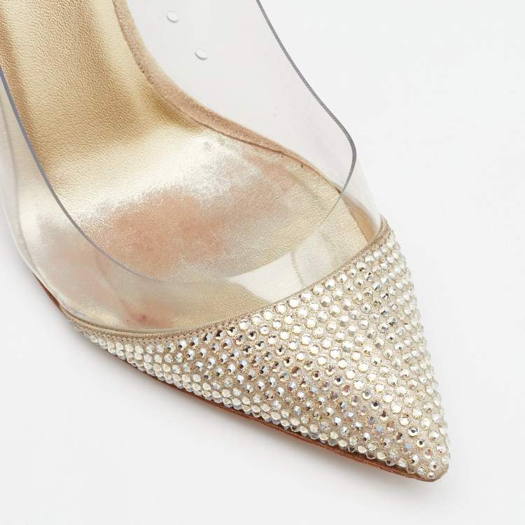 Pre Owned Le Silla Metallic Gold Suede And PVC Crystal Embellished Pumps Size 37