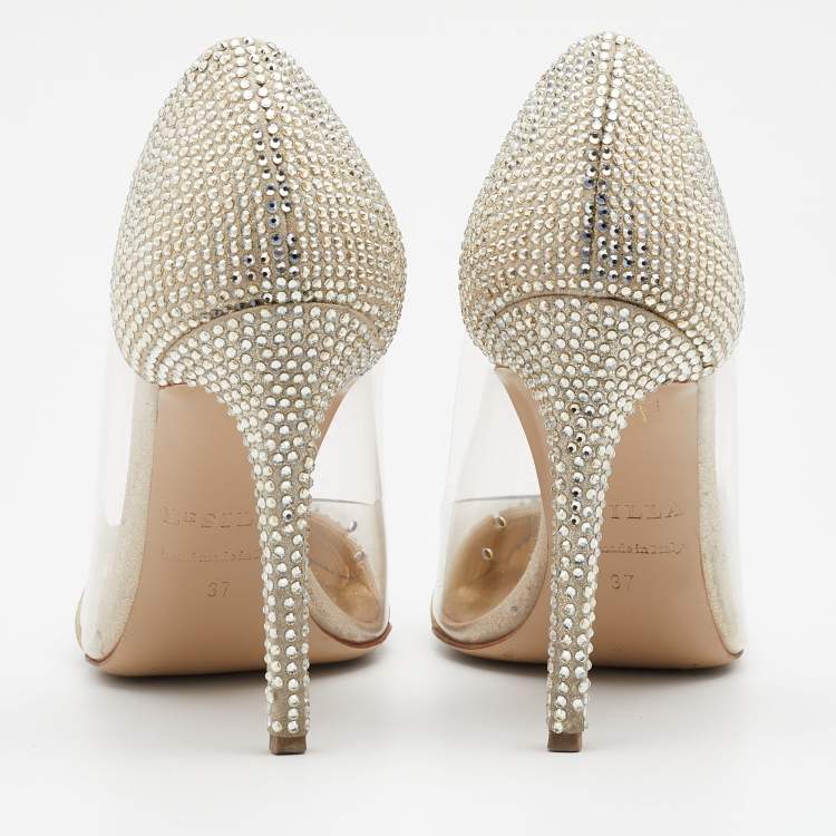 Pre Owned Le Silla Metallic Gold Suede And PVC Crystal Embellished Pumps Size 37