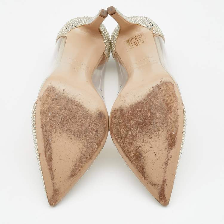Pre Owned Le Silla Metallic Gold Suede And PVC Crystal Embellished Pumps Size 37