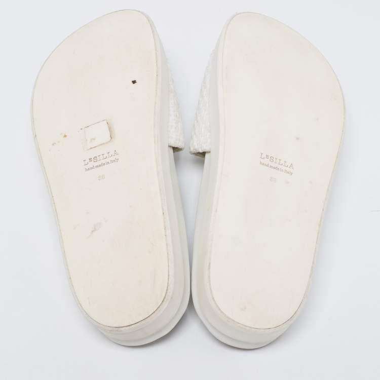 Pre Owned Le Silla White Woven Straw Crystal Embellished Flat Slide Sandals Size 38