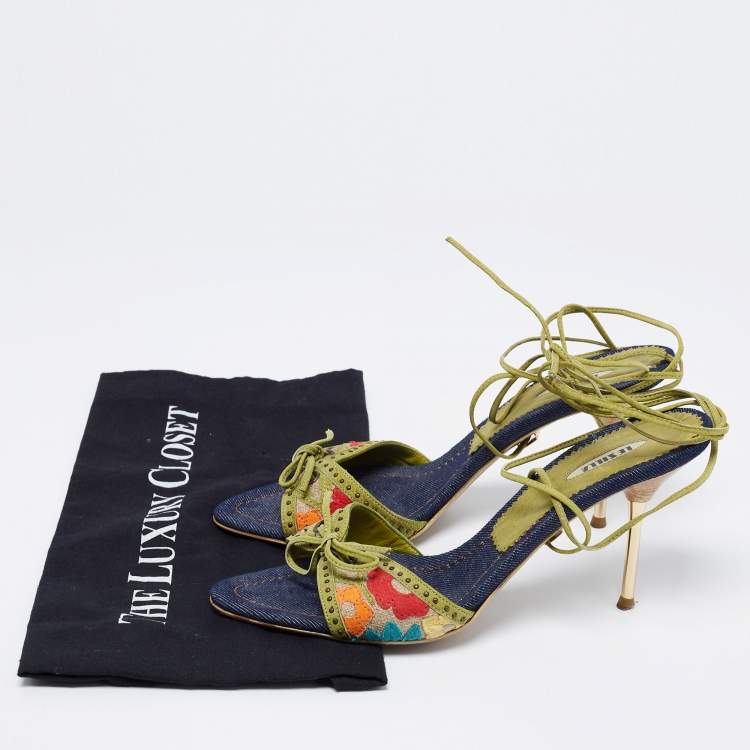 Pre Owned Le Silla Multicolor Canvas and Leather Ankle Tie Sandals Size 38