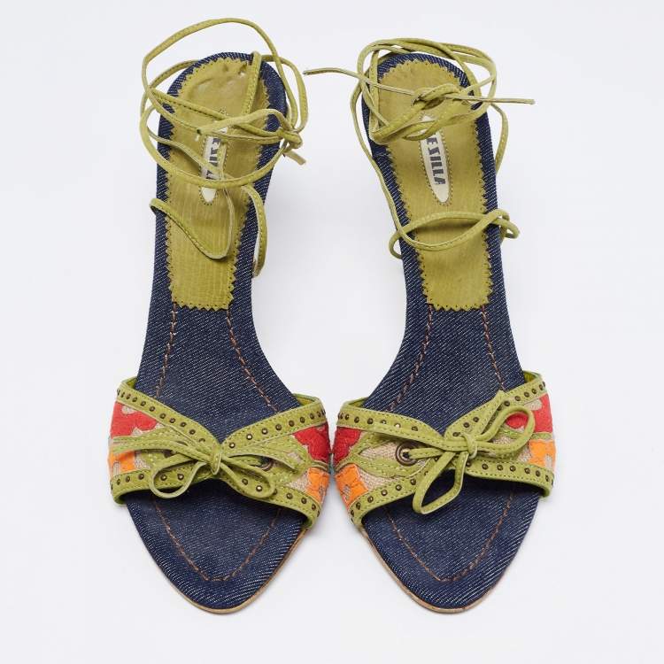 Pre Owned Le Silla Multicolor Canvas and Leather Ankle Tie Sandals Size 38