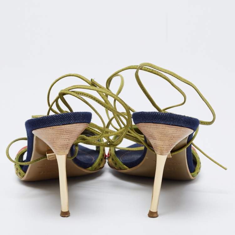 Pre Owned Le Silla Multicolor Canvas and Leather Ankle Tie Sandals Size 38