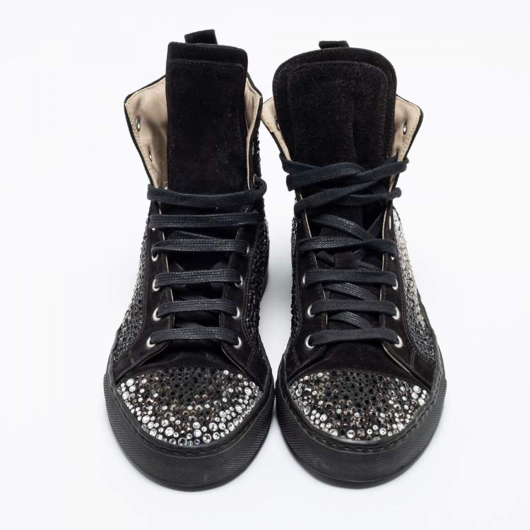 Pre Owned Le Silla Black Suede Crystal Embellished High Top Sneakers Size 38