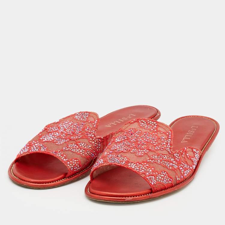 Pre Owned Le Silla Orange Lace Crystal Embellished Flat Slides Size 41