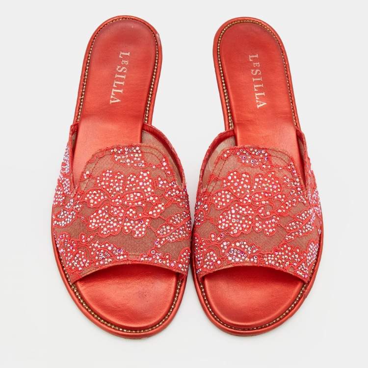 Pre Owned Le Silla Orange Lace Crystal Embellished Flat Slides Size 41