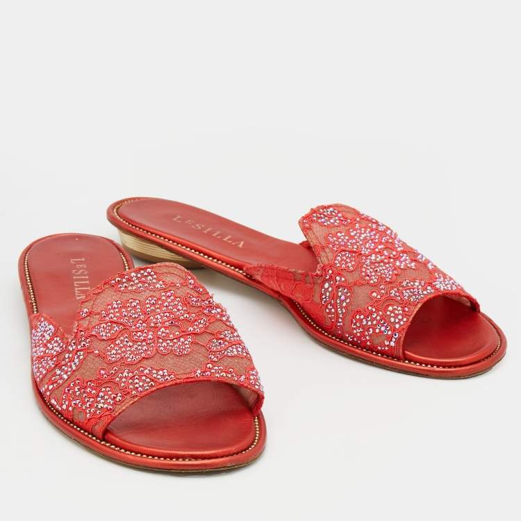 Pre Owned Le Silla Orange Lace Crystal Embellished Flat Slides Size 41