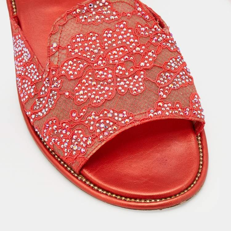 Pre Owned Le Silla Orange Lace Crystal Embellished Flat Slides Size 41