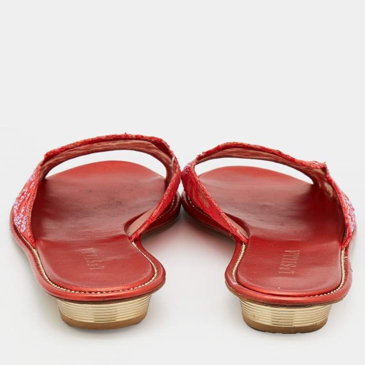 Pre Owned Le Silla Orange Lace Crystal Embellished Flat Slides Size 41