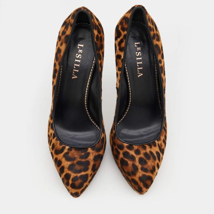 Pre Owned Le Silla Brown Leopard Print Calf Hair Platform Pumps Size 38