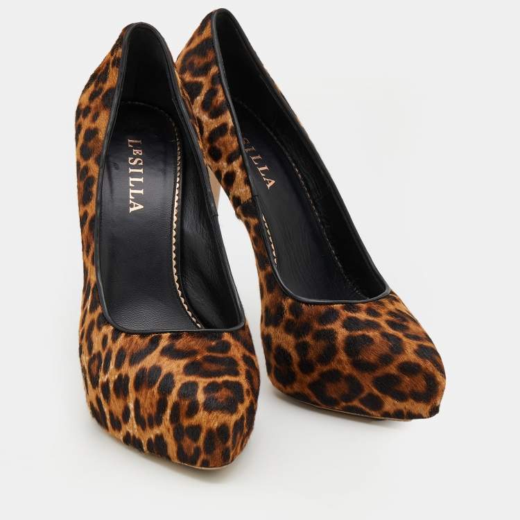 Pre Owned Le Silla Brown Leopard Print Calf Hair Platform Pumps Size 38