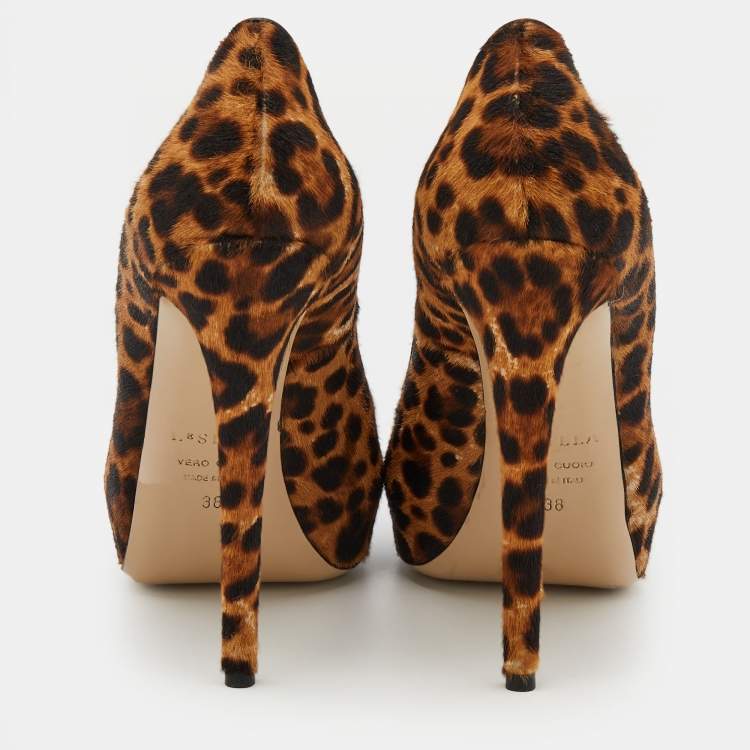 Pre Owned Le Silla Brown Leopard Print Calf Hair Platform Pumps Size 38