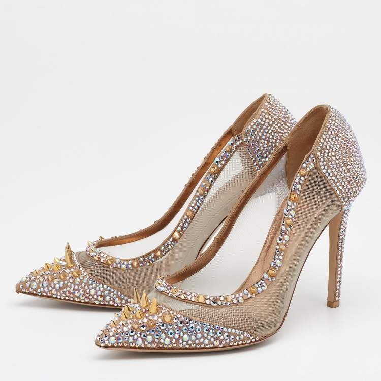 Pre Owned Le Silla Metallic Gold Mesh And Crystal Embellished Suede Pointed Toe Pumps Size 39