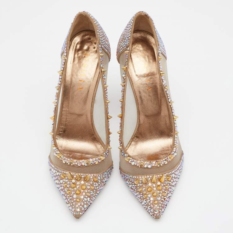 Pre Owned Le Silla Metallic Gold Mesh And Crystal Embellished Suede Pointed Toe Pumps Size 39