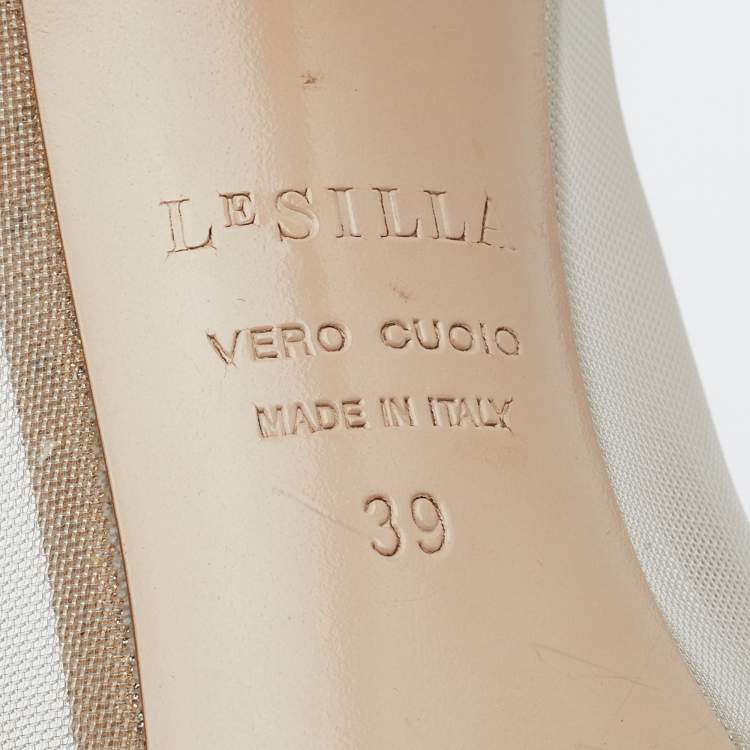 Pre Owned Le Silla Metallic Gold Mesh And Crystal Embellished Suede Pointed Toe Pumps Size 39