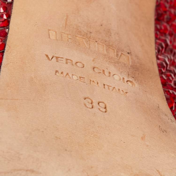 Pre Owned Le Silla Red Crystal Embellished Suede Peep Toe Platform Pumps Size 39